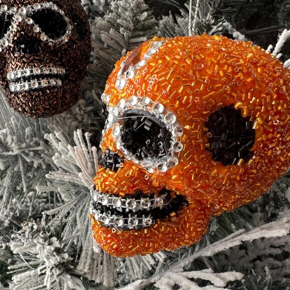 Beaded Intricate Brown or Orange Skull Ornament Halloween, Christmas Decoration - Picture 3 of 9